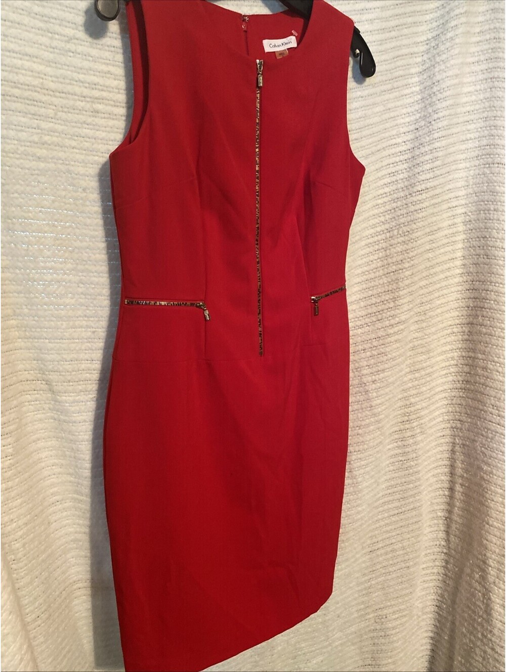 Calvin Klein Womens Red Sheath Sleeveless Dress Gold Silver Zipper Accent Sz 8